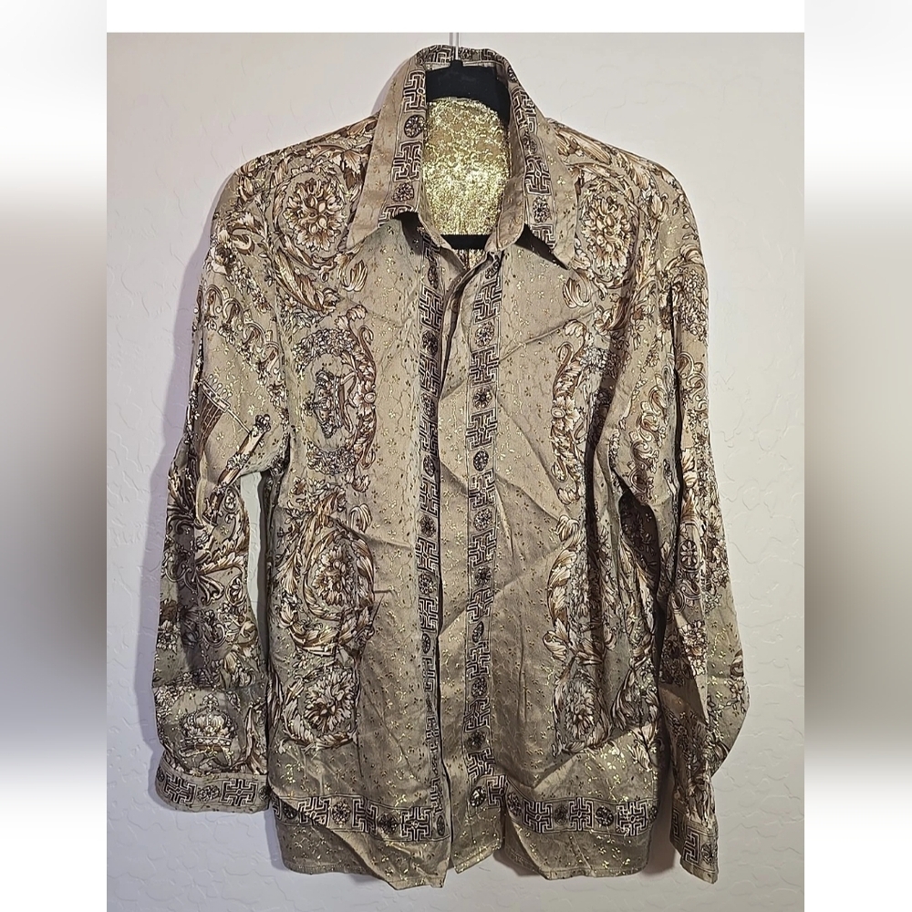 Creme De Silk Mens Gold Glitter Elegant Long Sleeve Shirt 100% Silk Size S